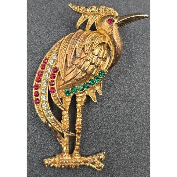 Heron Brooch Pin Bird Rhinestones 2" Gold Tone Collectible Vintage Unsigned - Picture 1 of 6